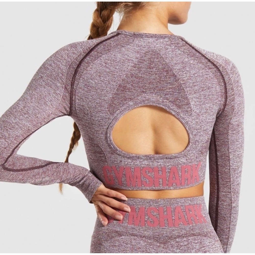 Gymshark Flex Crop Top XS Burgundy Long Sleeve Open Back Thumbholes Activewear